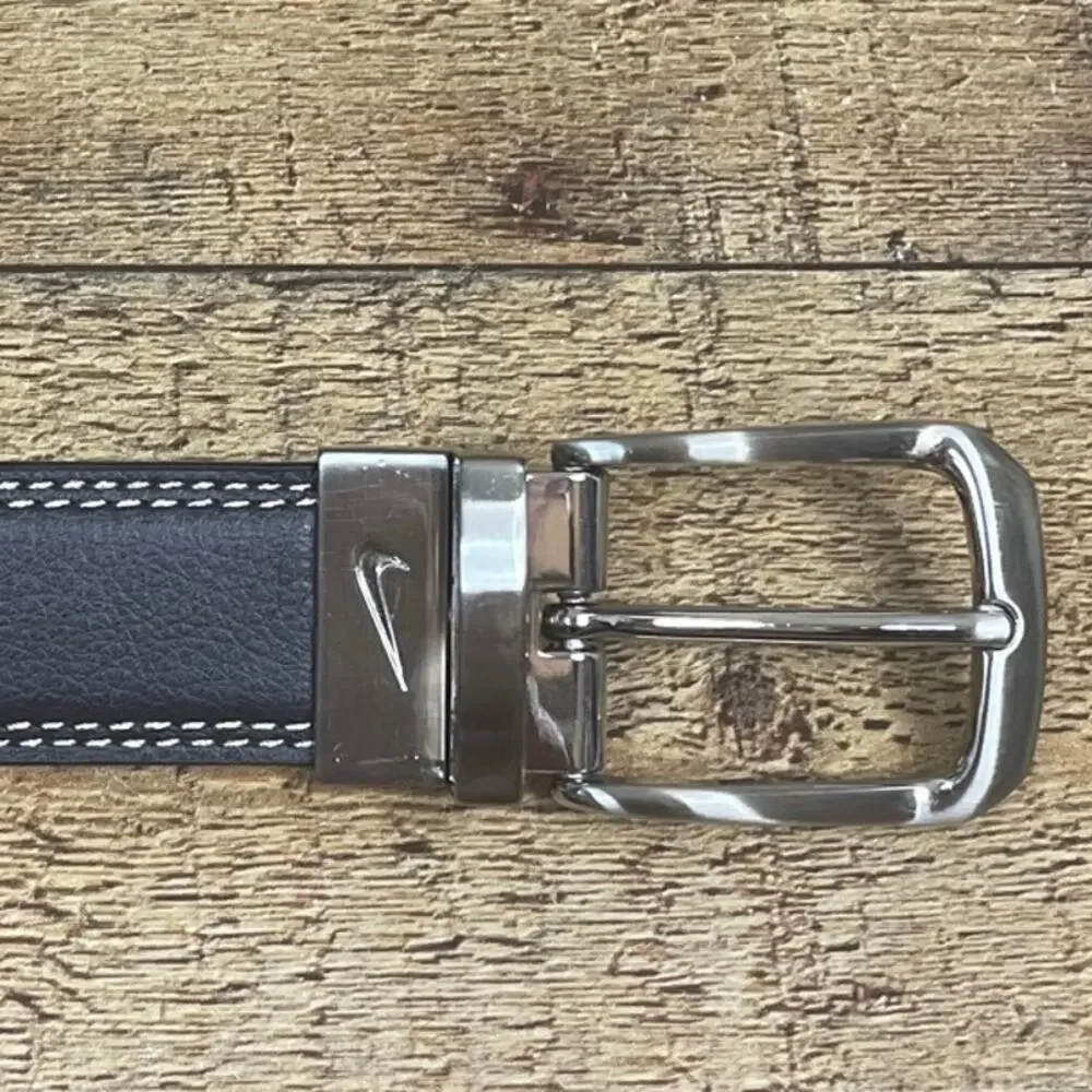 Nike Black Brown Reversible Leather Belt Silver Buckle Size 38